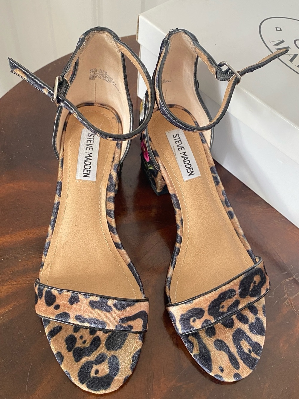 Steve Madden Leopard Embroidered Floral Print Ankle Strap Block Heels. 6.5